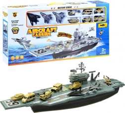 Nagy katonai repülőgép-hordozó – játékkészlet repülőkkel és járművekkel