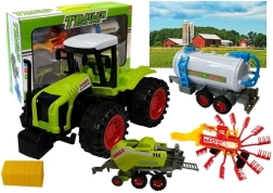 Farmjárműkészlet traktorral, tartálykocsival, szénagyűjtővel és bálázóval