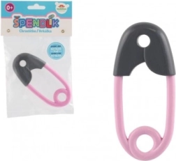 Baba csörgő biztosítótű formájában, szürke és rózsaszín