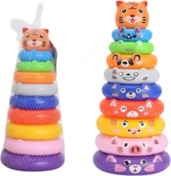 Színes, egymásra rakható piramis gyűrűkkel és állatfigurás matricákkal – tigris