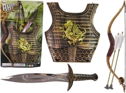 Gyermek szamuráj jelmez arany páncéllal, íjjal és karddal