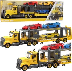 Összeszerelhető vontatókamion fényekkel, hangokkal és sportautókkal