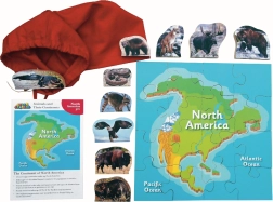 Észak-Amerika és állatai – fa puzzle 16 darabbal és 10 állattal