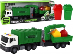 Szemétszállító teherautó daruval, felhúzós pótkocsival, hangokkal, zöld, 1:16