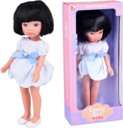 Lovely Girl baba rövid fekete hajjal, fehér-kék ruhában, 33 cm