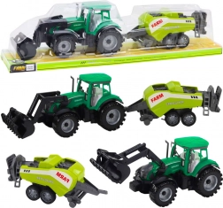 Zöld traktor rakodóval és kompatibilis bálázóval