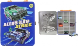 Bádog doboz kisautókhoz, 6 darab visszahúzós fém járművel