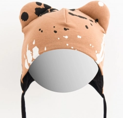 Újszülött pamut sapka fülecskékkel NEW BABY mancs mintás, mustársárga