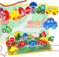 Fűzhető fa kockák – járművek és közlekedési táblák játékalátéttel