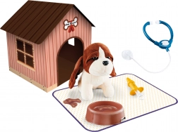 Plüss kutyus házzal és kis táskával 18 cm