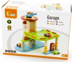 Fából készült garázs kisautókkal és helikopterrel