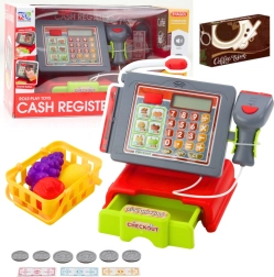 Gyerek pénztárgép kiegészítőkkel, kosárral és gyümölcsökkel – fények és hangok, piros