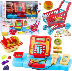 Gyerek pénztárgép játék szett, kosár és élelmiszerek effektusokkal