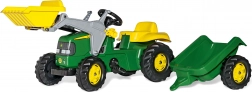 Lábbal hajtható traktor JOHN DEERE RollyKid első rakodóval és utánfutóval – zöld