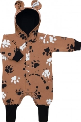 Újszülött pamut overál kapucnival és fülecskékkel NEW BABY mancsmintás mustársárga 86 (12–18 hó)