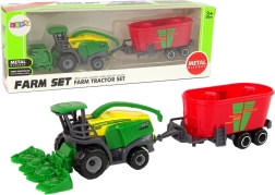 Kombájn utánfutóval – zöld‑piros mezőgazdasági gép, műanyag játék