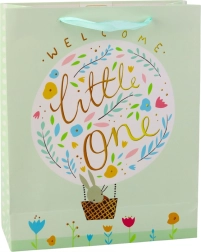 Zöld ajándéktáska nyuszival baba érkezésének köszöntésére