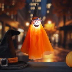 Halloween-i függő világító tökdekoráció boszorkánysapkával