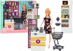 Baba a szupermarketben polcokkal, bevásárlókosárral és élelmiszerekkel