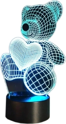 Éjjeli LED lámpa 3D mackó szívvel, RGB, távirányítóval