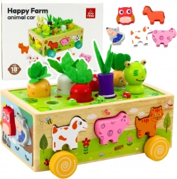 Fából készült, guruló oktató tanya formabedobóval és mágneses kukacokkal