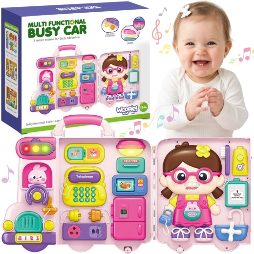 Woopie interaktív manipulatív tábla Busy car 3 az 1-ben bőröndben, hanggal és fénnyel