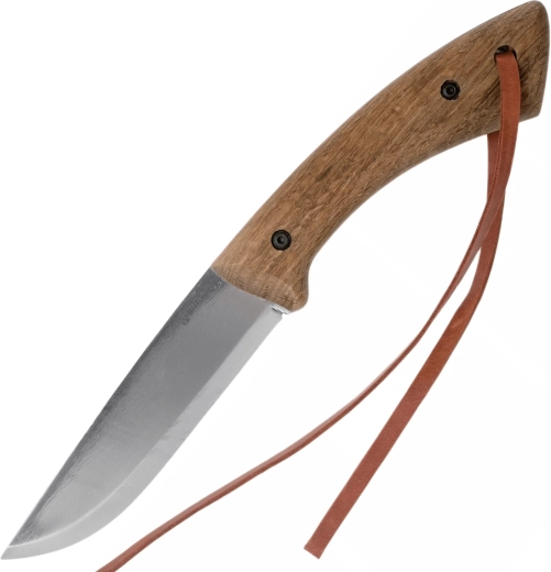 Bushcraft szénacél kés impregnált diófa markolattal és bőrtokkal