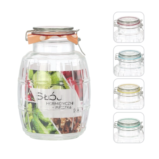 2,8 l-es, hermetikusan zárható üveg tároló – hordó alakú