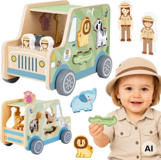 Tooky Toy fa szafari autó formabedobó állatokkal