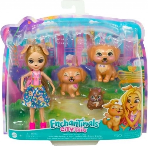 Enchantimals baba Gerika Golden Retriever kölyökkutyákkal és mókussal