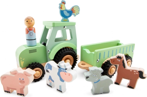 Fából készült traktor pótkocsival és állatokkal – New Classic Toys