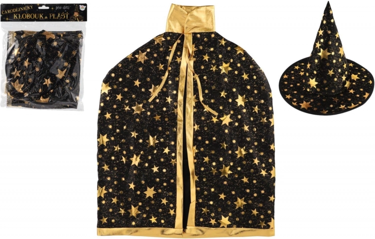 Gyermek boszorkánysapka és palást fekete–arany, 38 cm átmérő