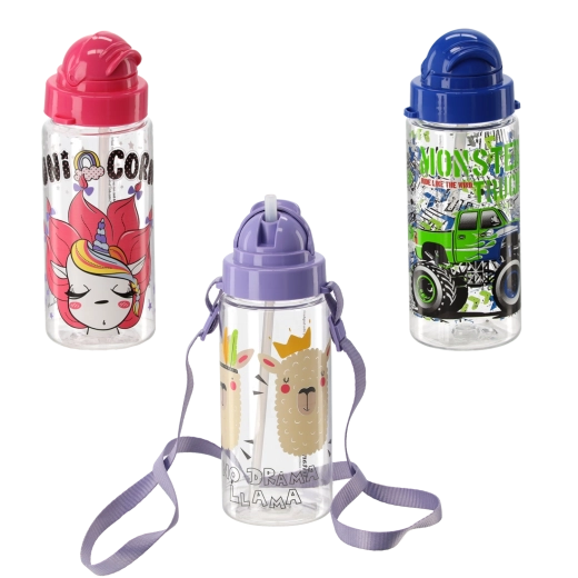 Gyerek műanyag ivópalack szívószállal, 500 ml