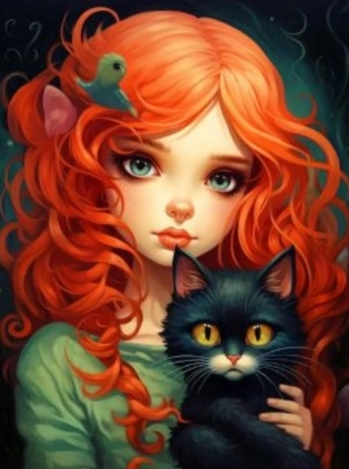 Gyémánt festés Vörös hajú nő fekete macskával 30x40cm