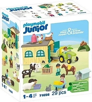 PLAYMOBIL Junior tanya traktorral, pótkocsival és állatokkal