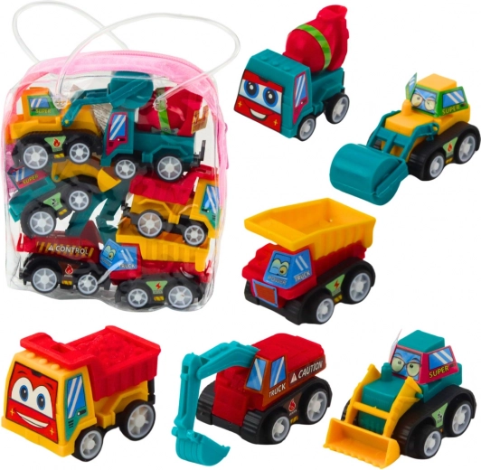 Mini felhúzós építőjármű-készlet tasakban – 6 db