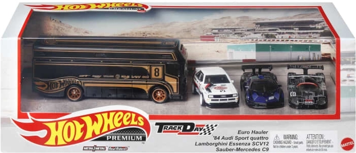 Hot Wheels prémium készlet: 3 kisautó és csapatszállító vontató