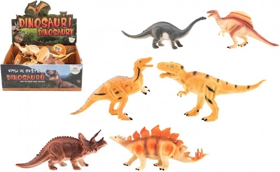 Műanyag dinoszaurusz figurák 16-18 cm kevert fajtákkal, 12 db dobozban