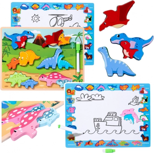 Fa oktatási dinoszaurusz puzzle rajzolótáblával