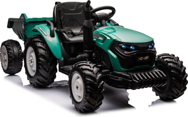 Akkumulátoros traktor sötétzöld pótkocsival 24V