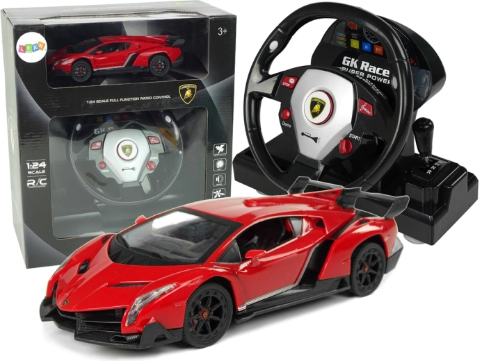 Távirányítós Lamborghini Veneno Red 2.4G kormányos pilótával hang- és fényhatásokkal 1:24