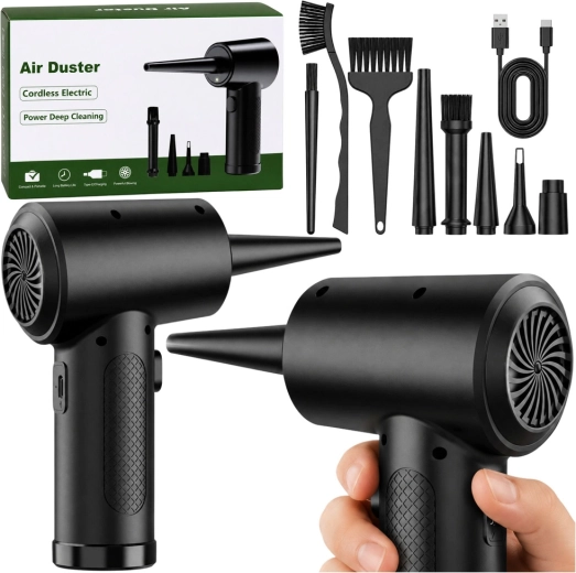 Elektromos porlefújó pisztoly (air duster) USB‑C-vel, fúvóka- és kefekészlettel
