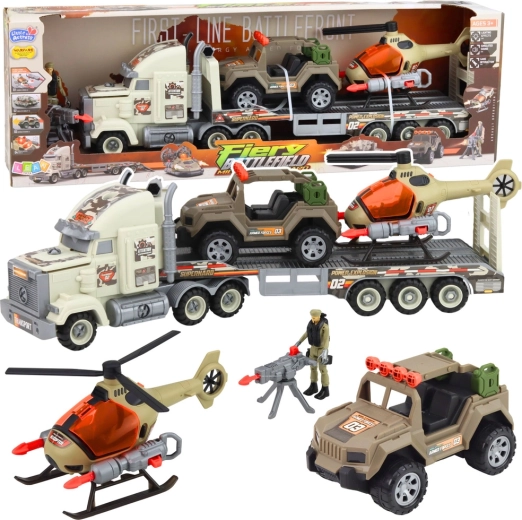 Katonai szállítókészlet vontatóval, helikopterrel és terepjáróval, fényekkel és hangokkal