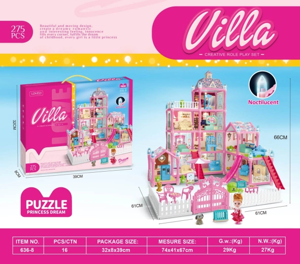 Rózsaszín babaház-villa világító funkcióval és kiegészítőkkel, 275 darabos