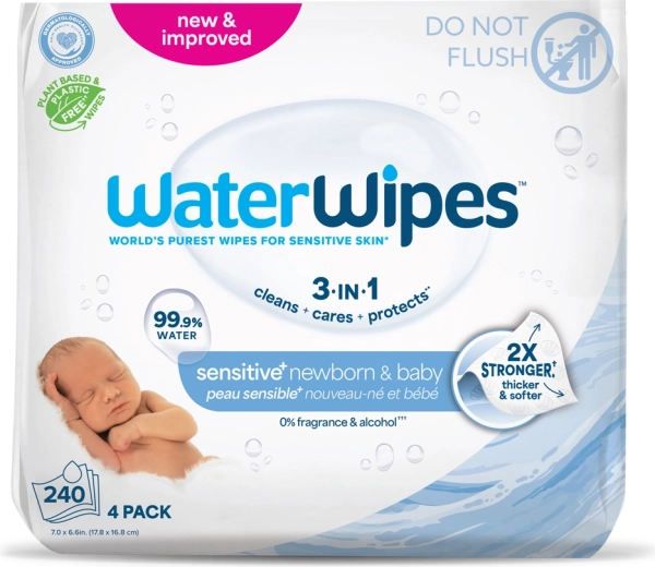WaterWipes nedves törlőkendő újszülötteknek és babáknak 3 az 1-ben, 4×60 db (240 db)