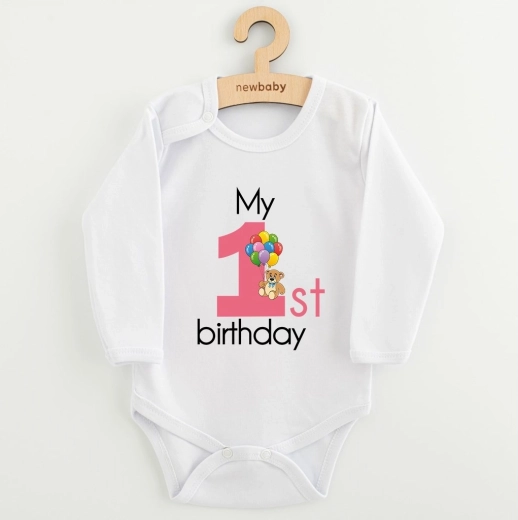 Újszülött pamut body nyomott mintával New Baby My First Birthday, rózsaszín, 86-os méret (12–18 hónap)