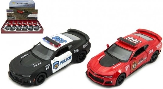Kinsmart Chevrolet Camaro – rendőrségi és tűzoltóautó visszahúzós meghajtással, 12 cm