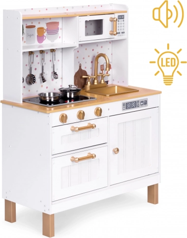 Fából készült gyermekkonyha hangokkal és LED világítással, nagy méretű, nyitható szekrényekkel és 7 kiegészítővel, ECOTOYS