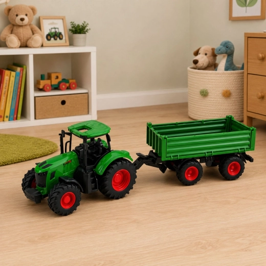 Pótkocsis traktor az élethű farmos játékhoz