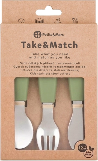 Petite&Mars rozsdamentes acél gyerek evőeszköz szett Take&Match sweet pea 12m+